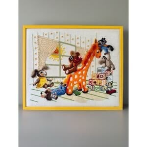 Vintage 1970s Crewel Embroidery Wall Art Nursery Animals Giraffe Handmade Framed